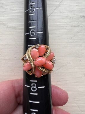 VINTAGE QUALITY ANGEL SKIN PINK CORAL CLUSTER LEAF GORGEOUS   GF RING S 7 IOB
